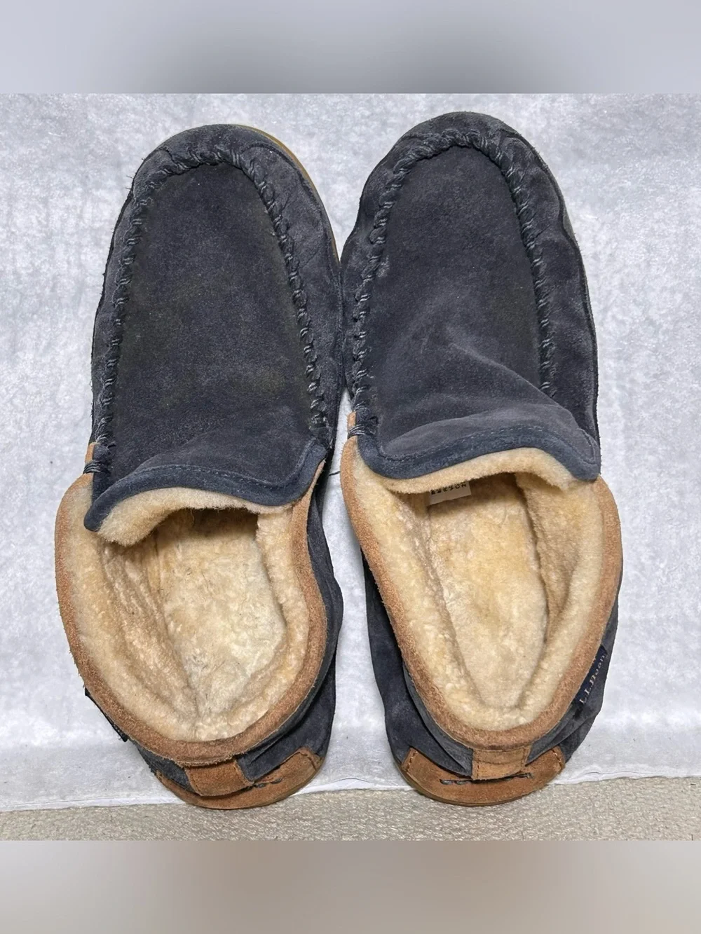 LL Bean Mens Blue Suede Wicked Good Shearling-Lined Moc SlipOn Boots Shoes SZ 10